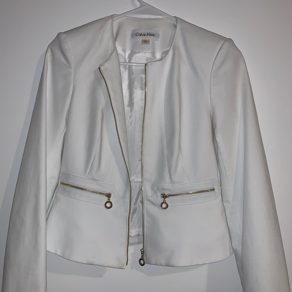 Calvin Klein White Peplum Blazer w/ Gold Zipper 2P